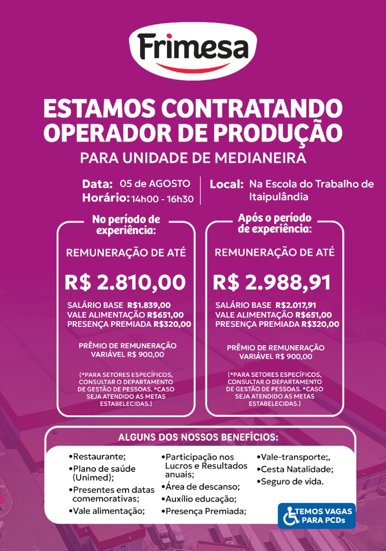Imagem da vaga VAGA OPERADOR DE PRODUÇÃO (FRIMESA)